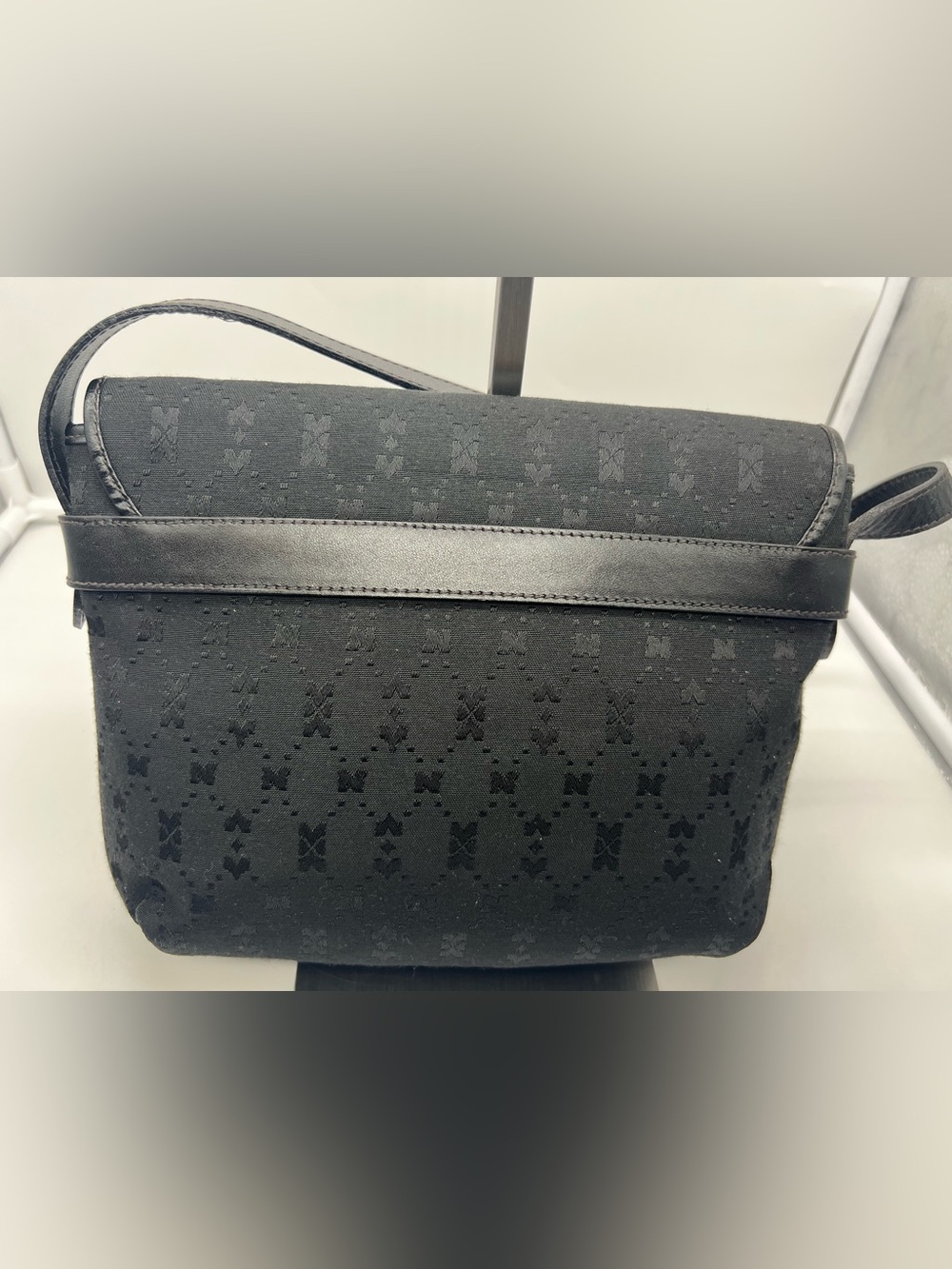 NINA RICCI VINTAGE Black Monogram Canvas Perforated Leather Flap Crossbody Bag - Picture 6 of 12